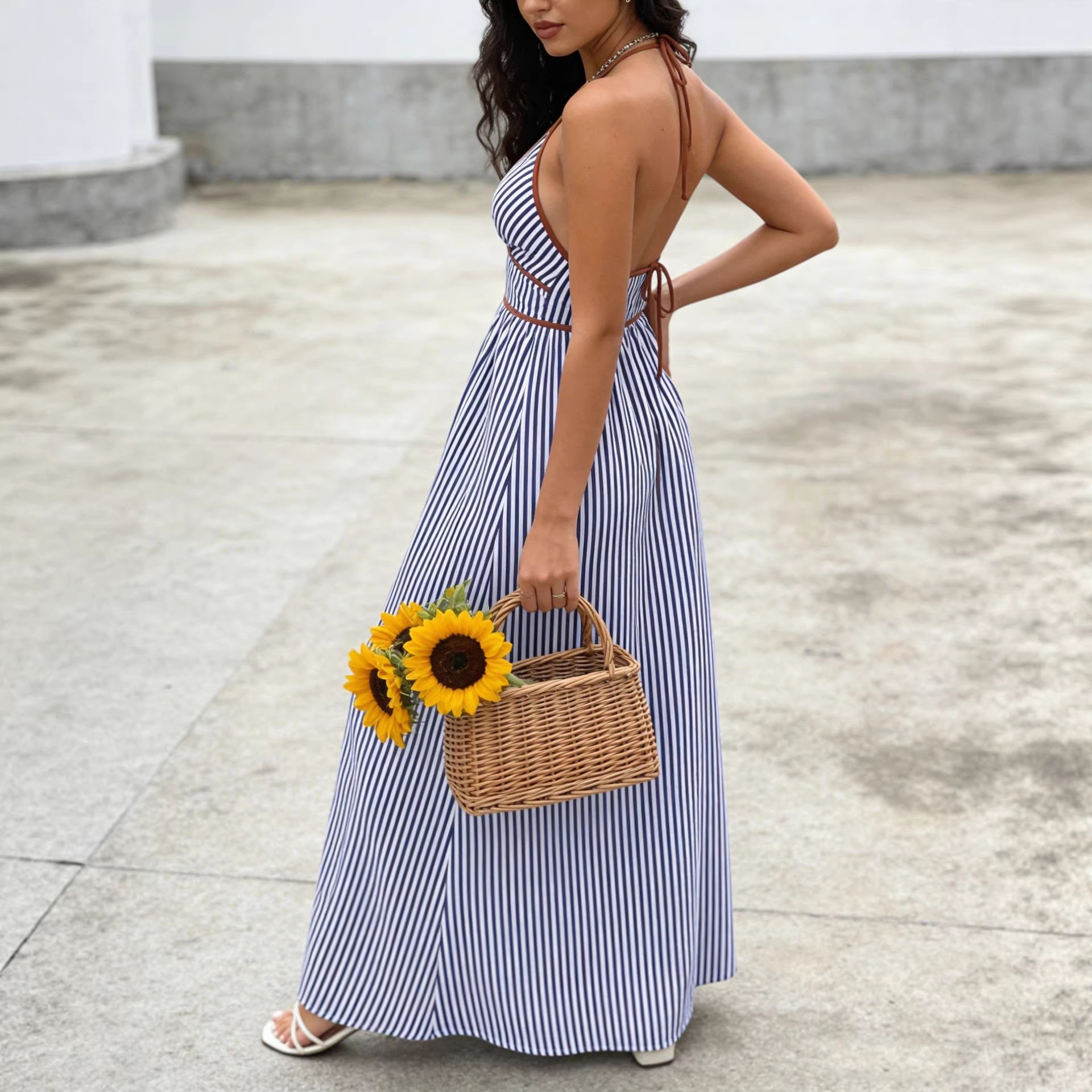 Stripe Sleeveless Swing Dress With Deep V Neckline In Polyester,