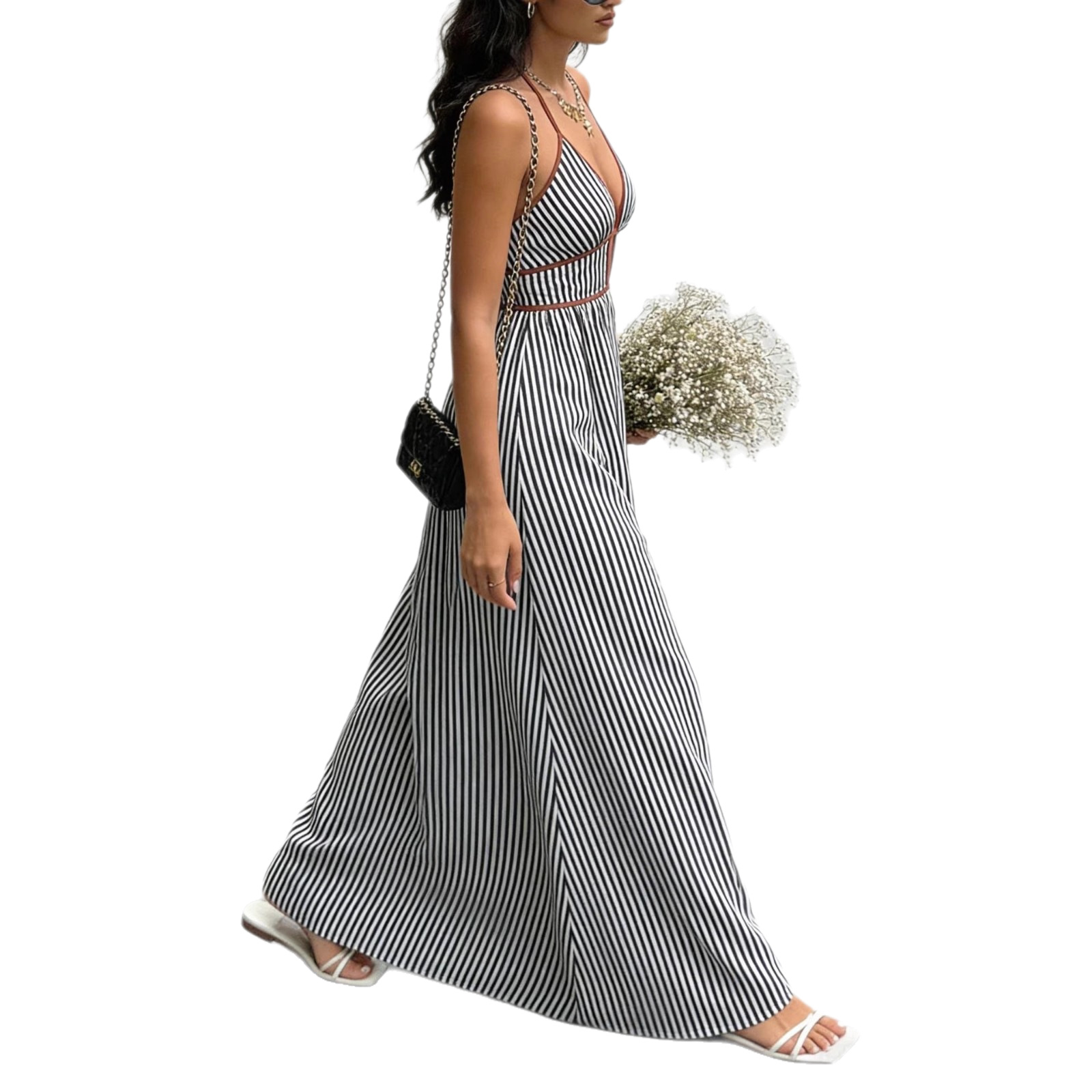 Stripe Sleeveless Swing Dress With Deep V Neckline In Polyester