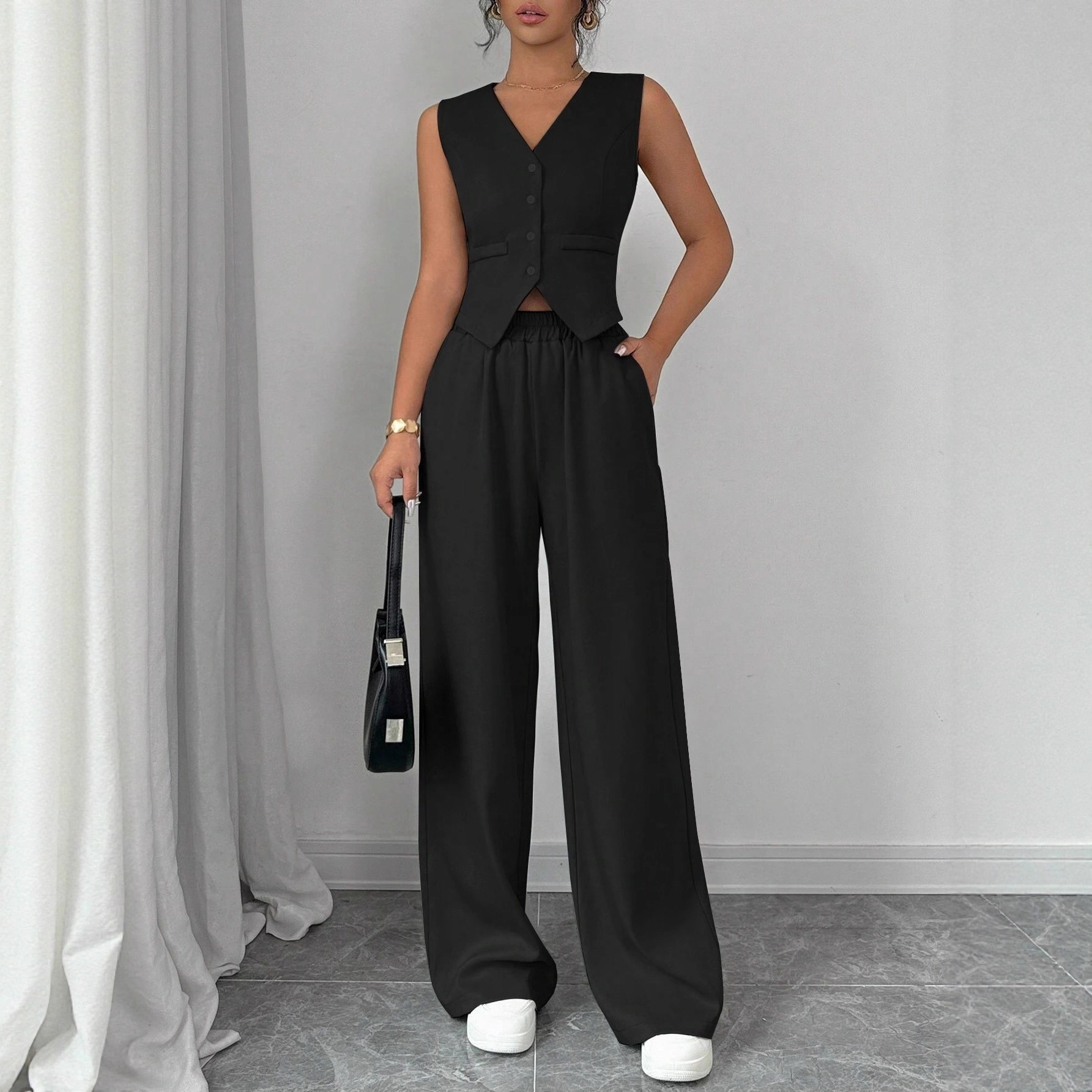 Solid Color Casual Pant Co-ord Set