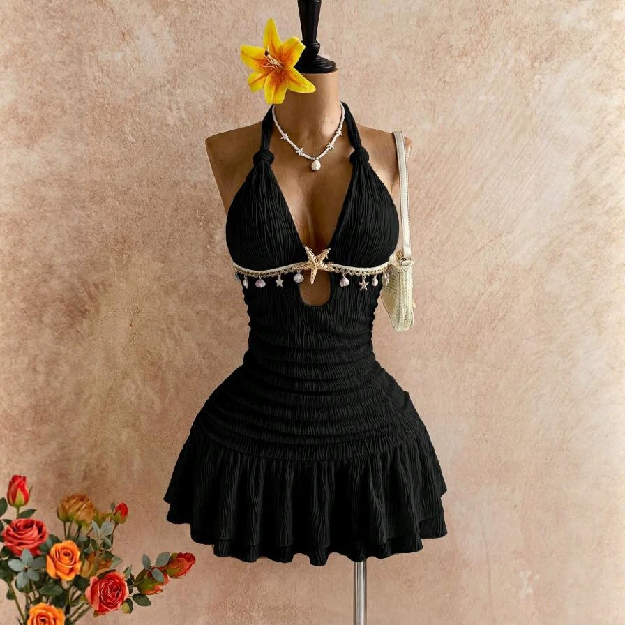 Sexy Solid Color Sleeveless Halter Neck Dress