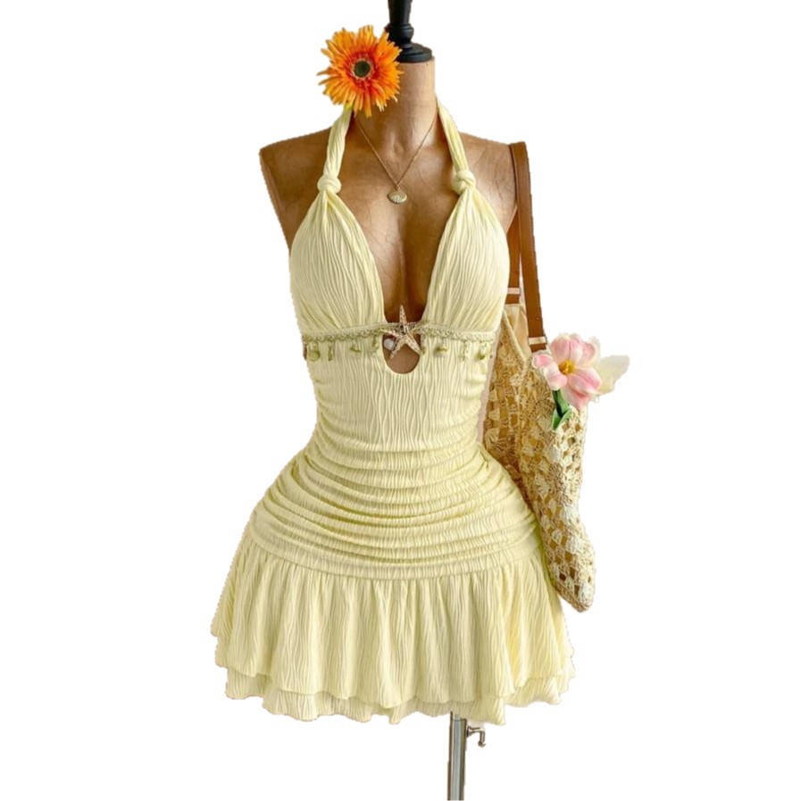 Sexy Solid Color Sleeveless Halter Neck Dress