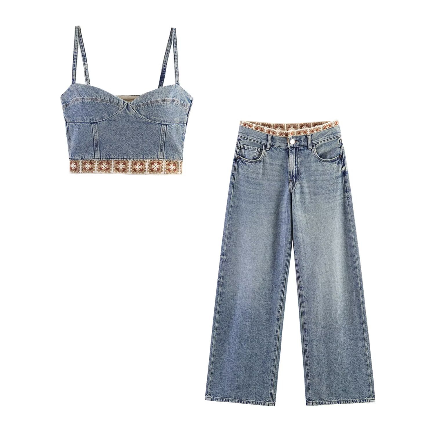 Casual Solid Color Denim Jeans Pant Co-ord