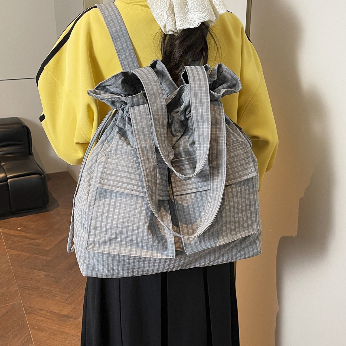 Plaid Square Nylon Shoulder Bag For Women