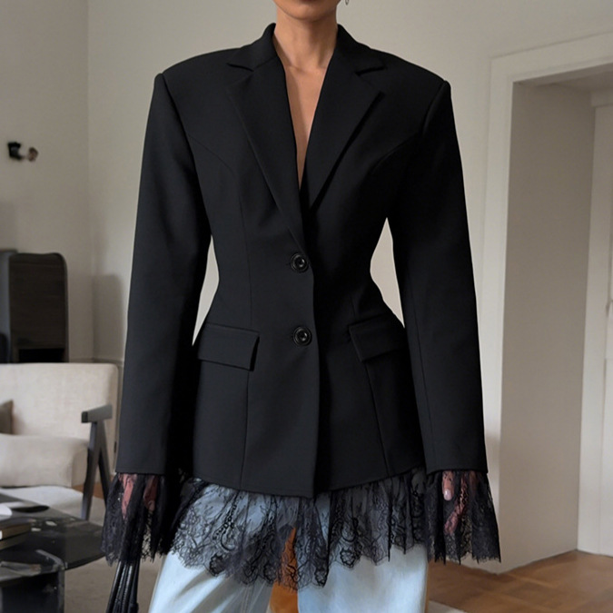Long Sleeve Polyester Blazer With Lace Craftsmanship