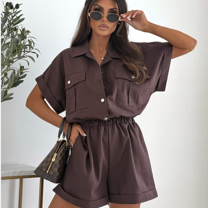 Solid Color Casual Office Rompers Shorts