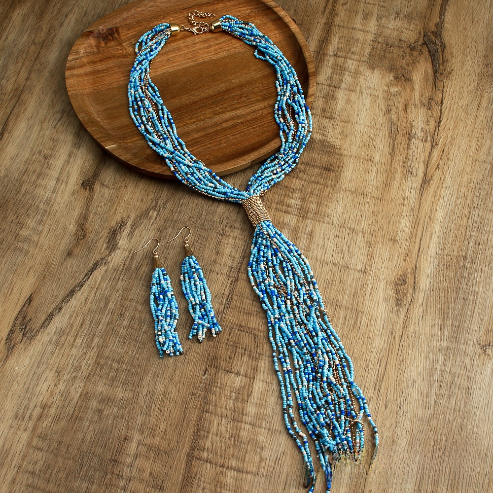 Retro Blue Glass Tassel Sweater Chain Necklace