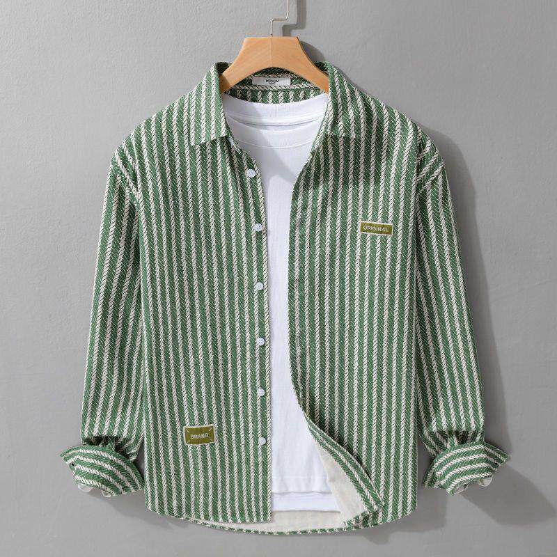 Casual Long Sleeve Stripe Polyester Shirt For Men With Placket