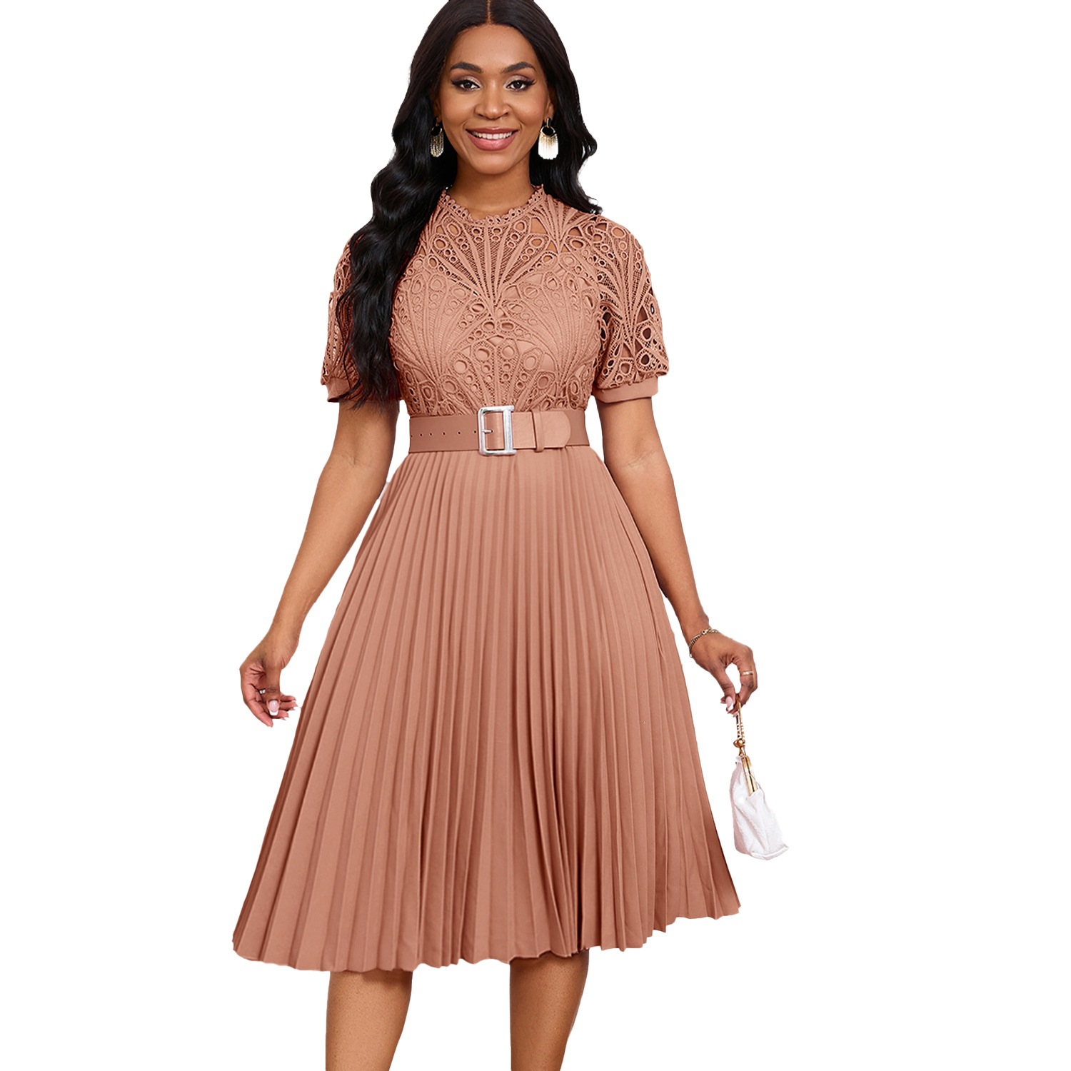 Elegant Solid Color Party Dress With Short Sleeve And Round Neck