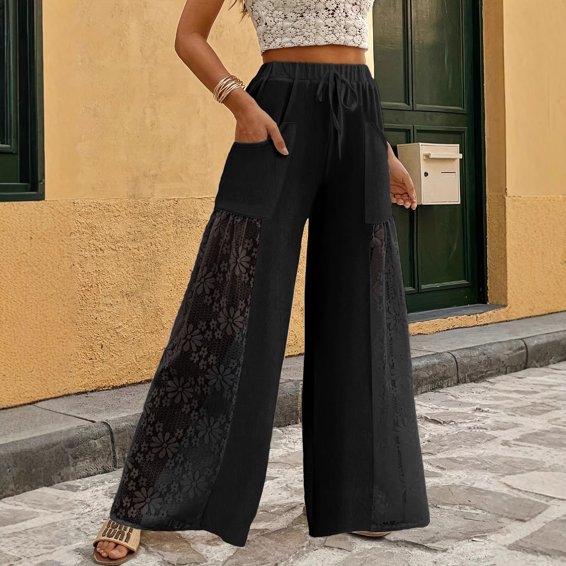 Wide Leg Pants In Full Length With Lace Detail