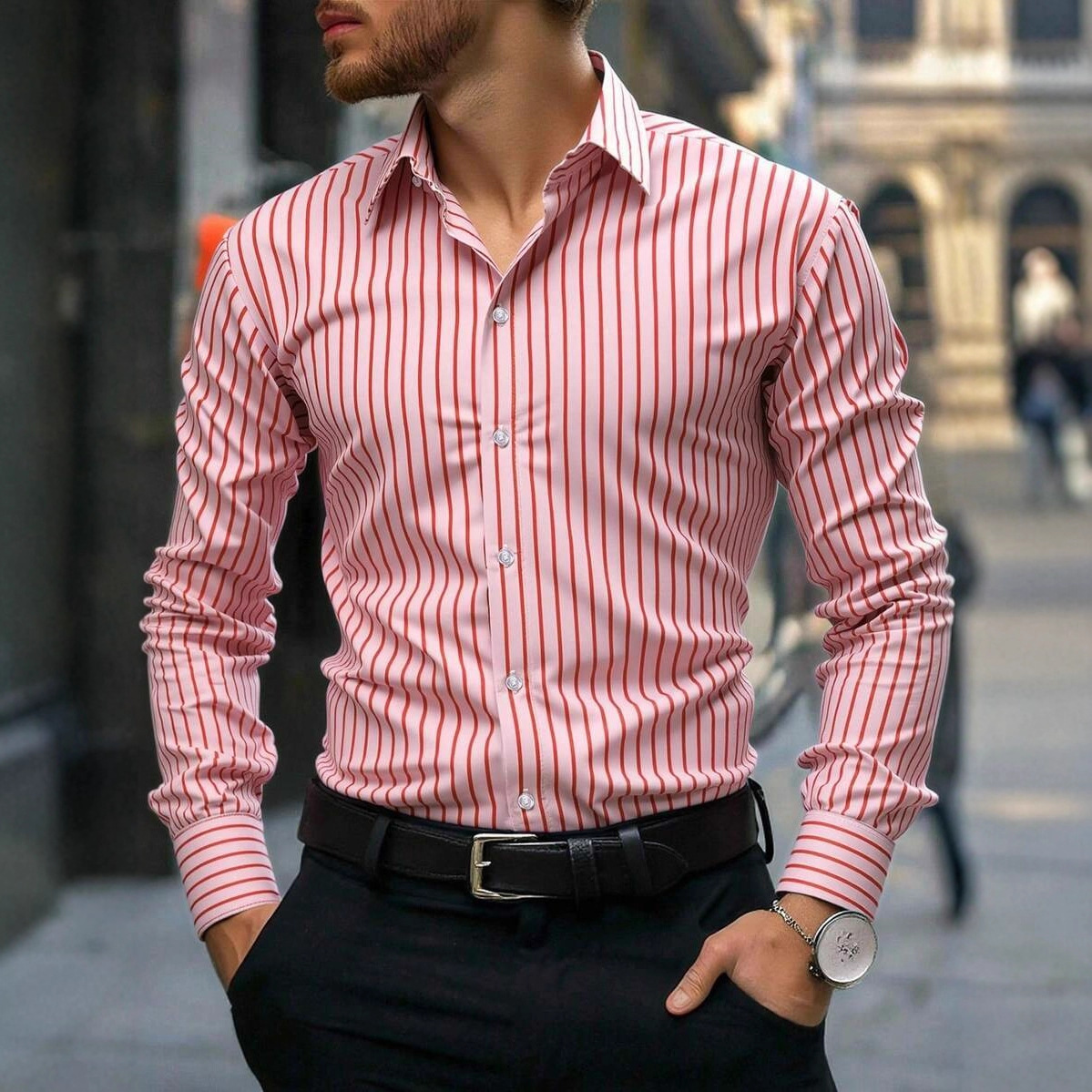 Stripe Casual Long Sleeve Men's Shirt With Printing