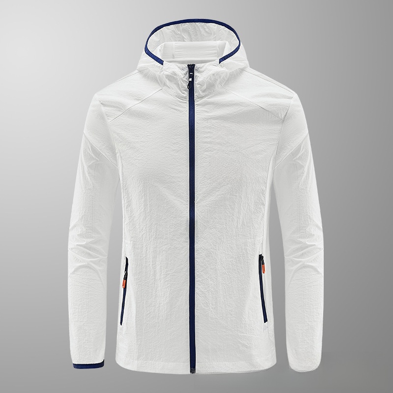 Men's Light Grey Hooded Printing Zipper Sun Protection Jacket For Summer