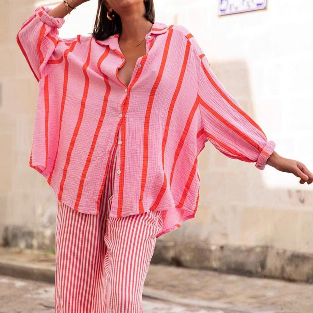 Vintage Style Stripe Long Sleeve Polyester Shirt