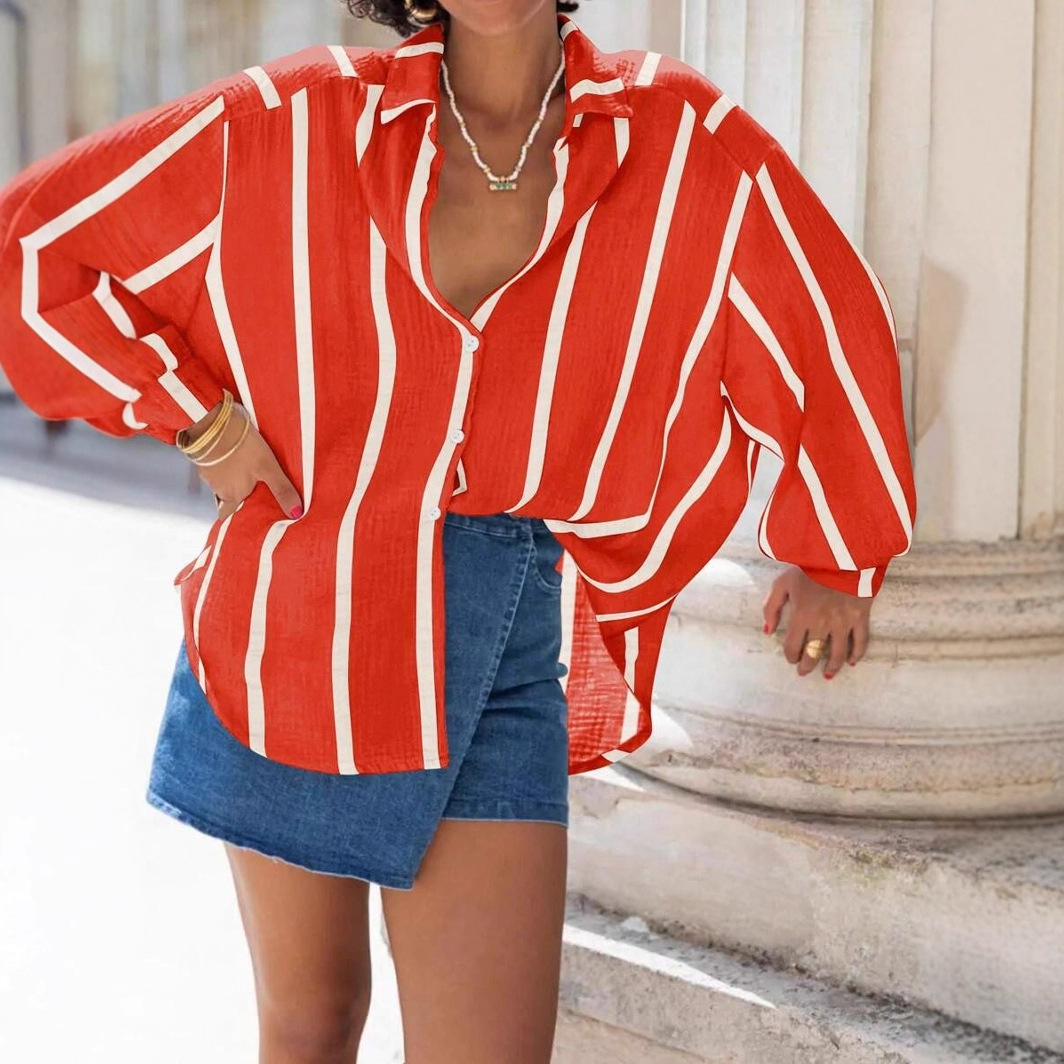 Vintage Style Stripe Long Sleeve Polyester Shirt