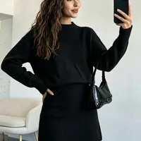 Elegant Solid Color Skirt Co-ord Set in Knitted Acrylic with Long Sleeve, 2 Pieces Set