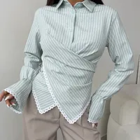 Stripe Long Sleeve Streetwear Cotton Shirt for Women Featuring Criss Cross Craft and Single Breasted Design