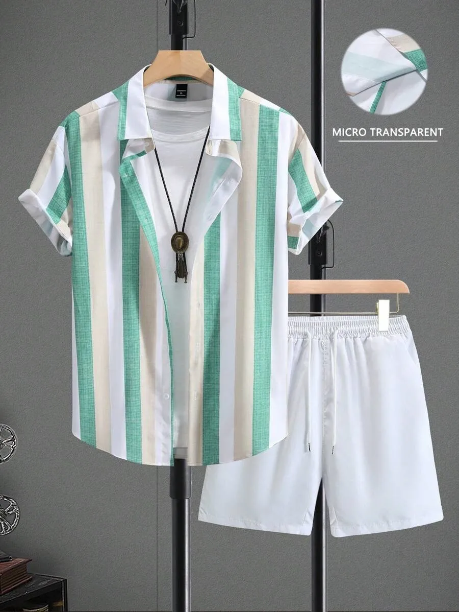 Men's Casual Streetwear Set with 120G Four-Way Stretch Fabric, Short Sleeve, Perfect for Summer