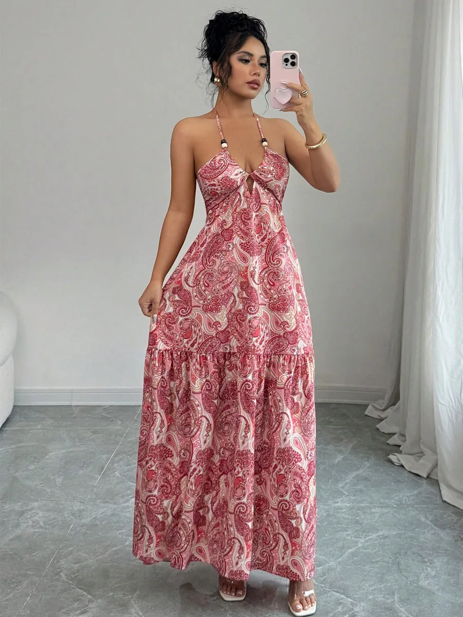 Vacation Strap Bandage Dress in Polyester Fabric Featuring Backless Design and Maxi Long Length