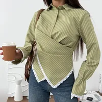 Stripe Long Sleeve Streetwear Cotton Shirt for Women Featuring Criss Cross Craft and Single Breasted Design