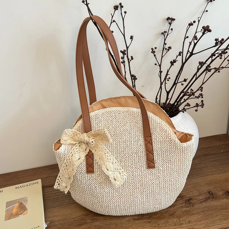 Solid Color Straw Bucket Bag for Women with Braid Detail, Perfect Summer Shoulder Bag