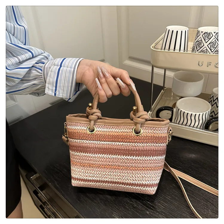 Small Straw Bucket Bag with Zipper and Braid Detail