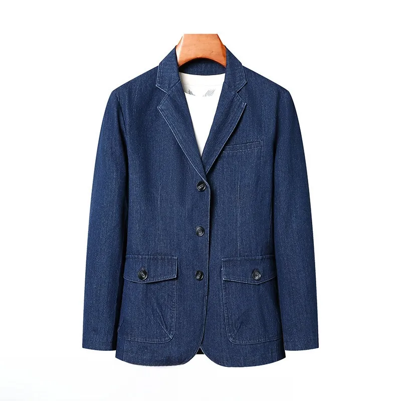 Men's Solid Color Dark Blue Chinoiserie Blazer with Single Breasted Placket, Made from Cotton Over 50%